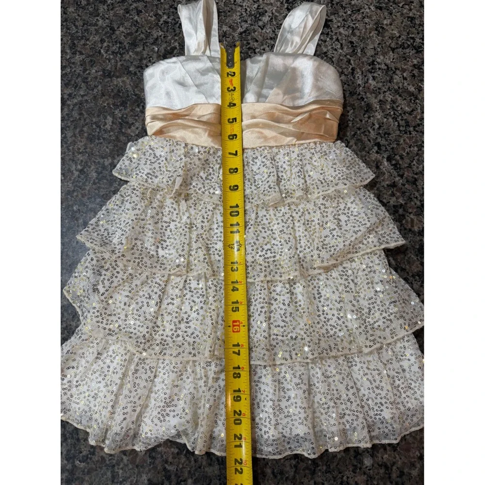 Speechless Girls Ivory Gold Sequin‎ Tiered Ruffle Party Dress Size 8 Holiday Bow